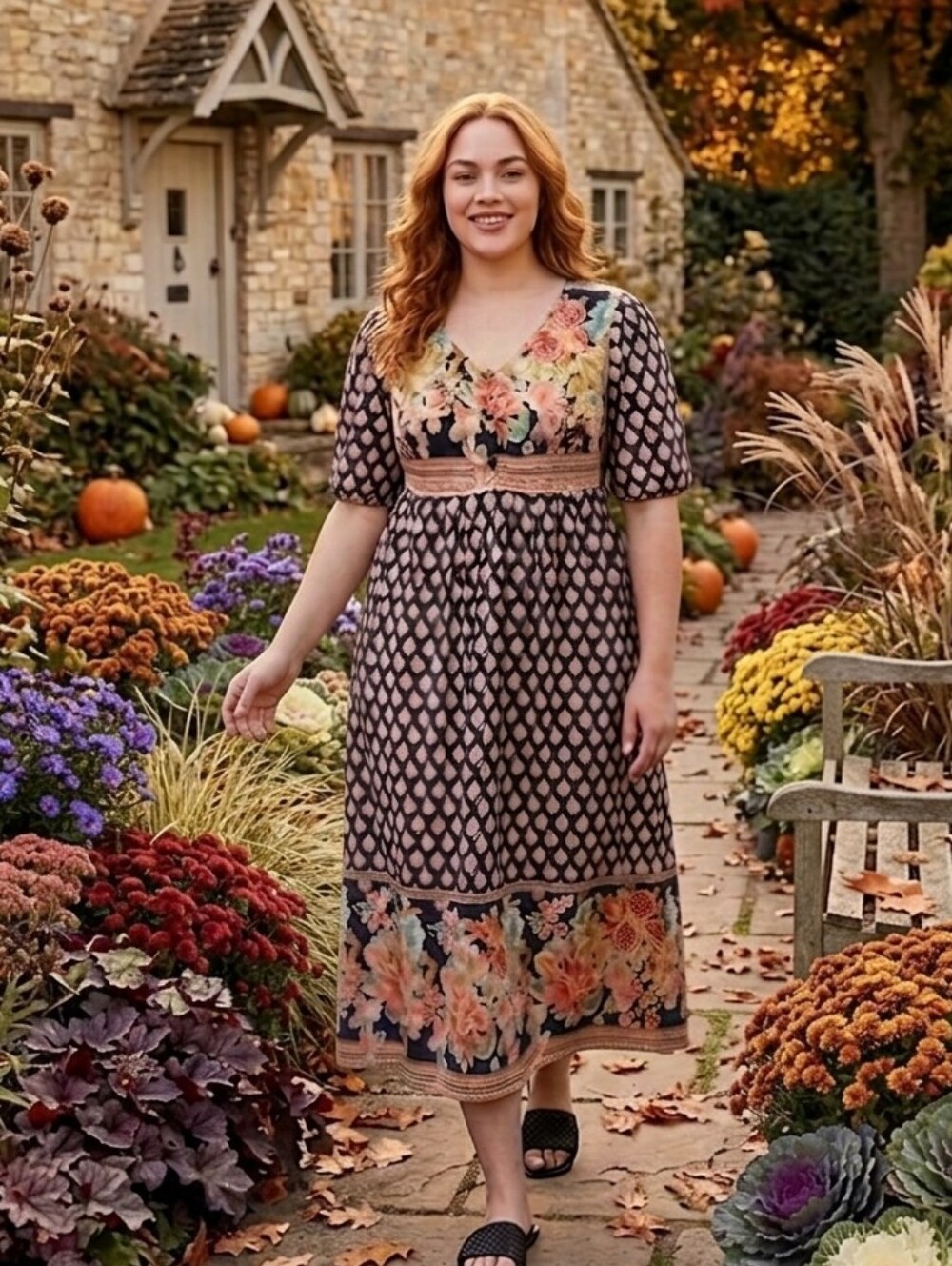 Vermount Country Store Orange And Black Floral Dress Muumuu Plus 3X